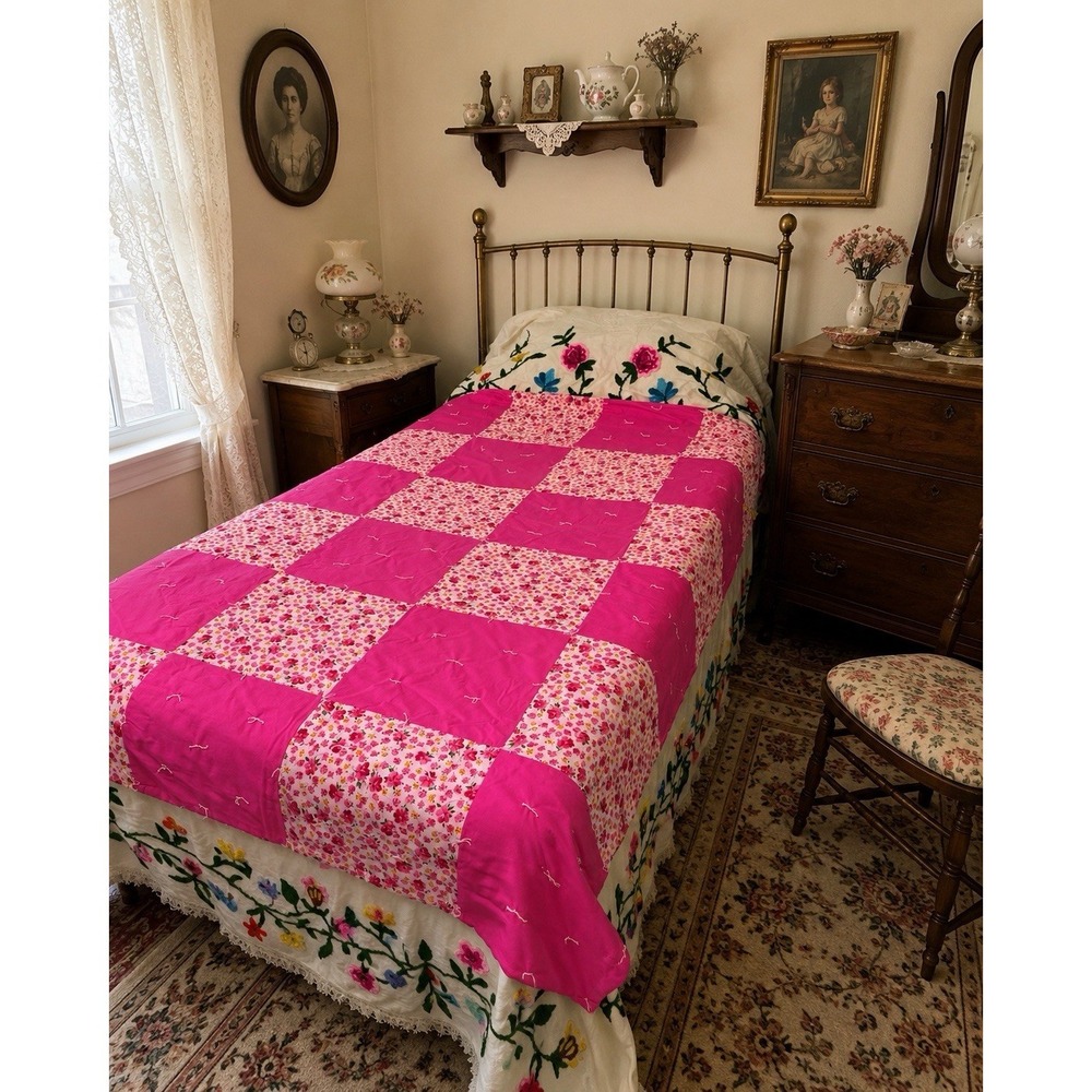 Handmade Quilt 69 By 45 Pink & Floral Retro New Cottage Grandmacore Blanket